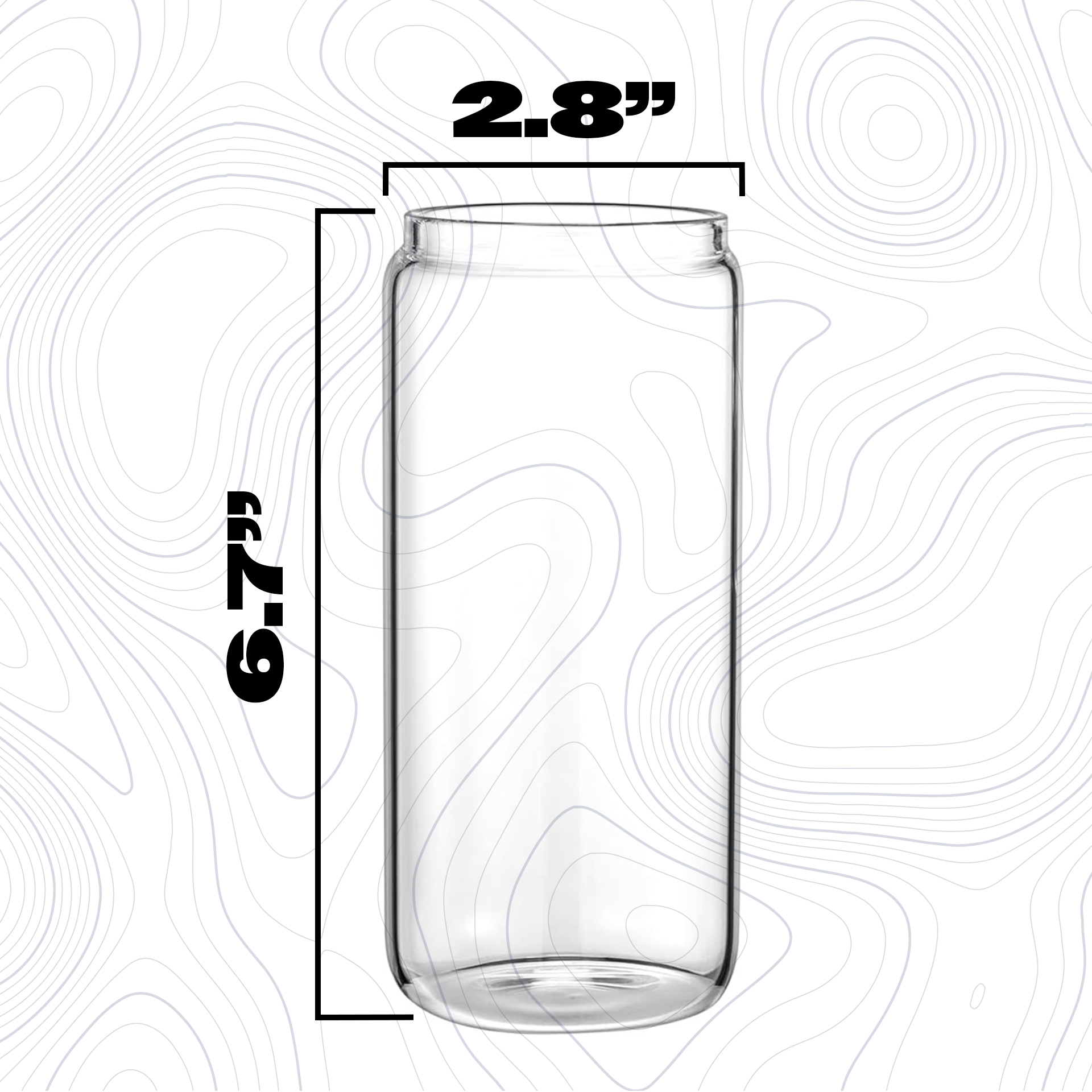 Clear glass tumbler with dimensions labeled on a white background