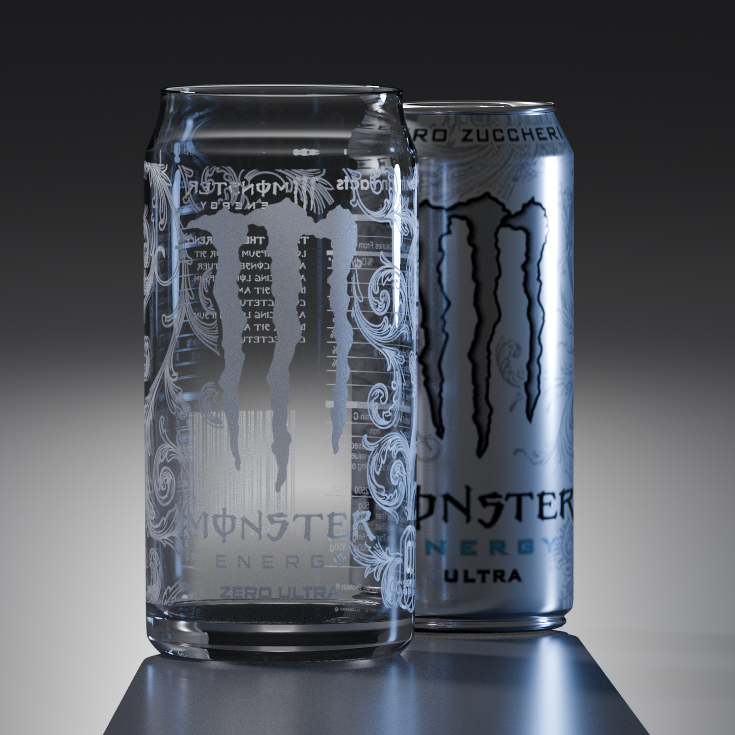 Monster Energy Ultra can made of glass on a reflective surface with a dark background
