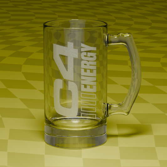 Custom glass beer stein engraved with the 'C4 Energy' logo on a yellow checkered background
