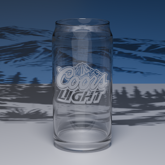 Custom glass beer can engraved with the 'Coors Light' logo on a Blue patterned background