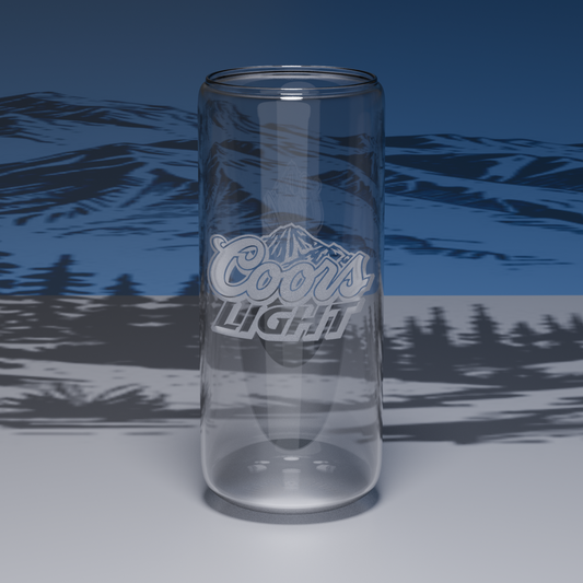 Custom glass can engraved with the 'Coors Light' logo on a blue patterned background