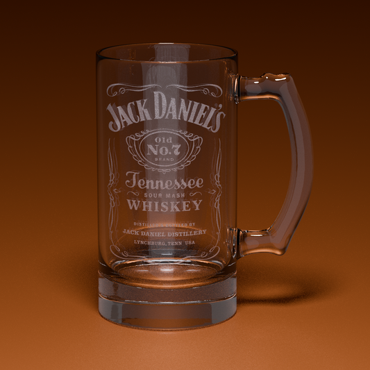 Custom glass beer stein engraved with the 'Jack Daniel's' logo on an orange background
