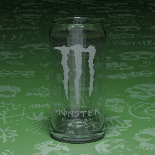 Custom glass beer can engraved with the 'Monster Energy' logo on a green patterned background