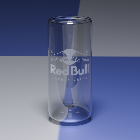 Custom glass can engraved with the 'Redbull energy drink' logo on a blue patterned background